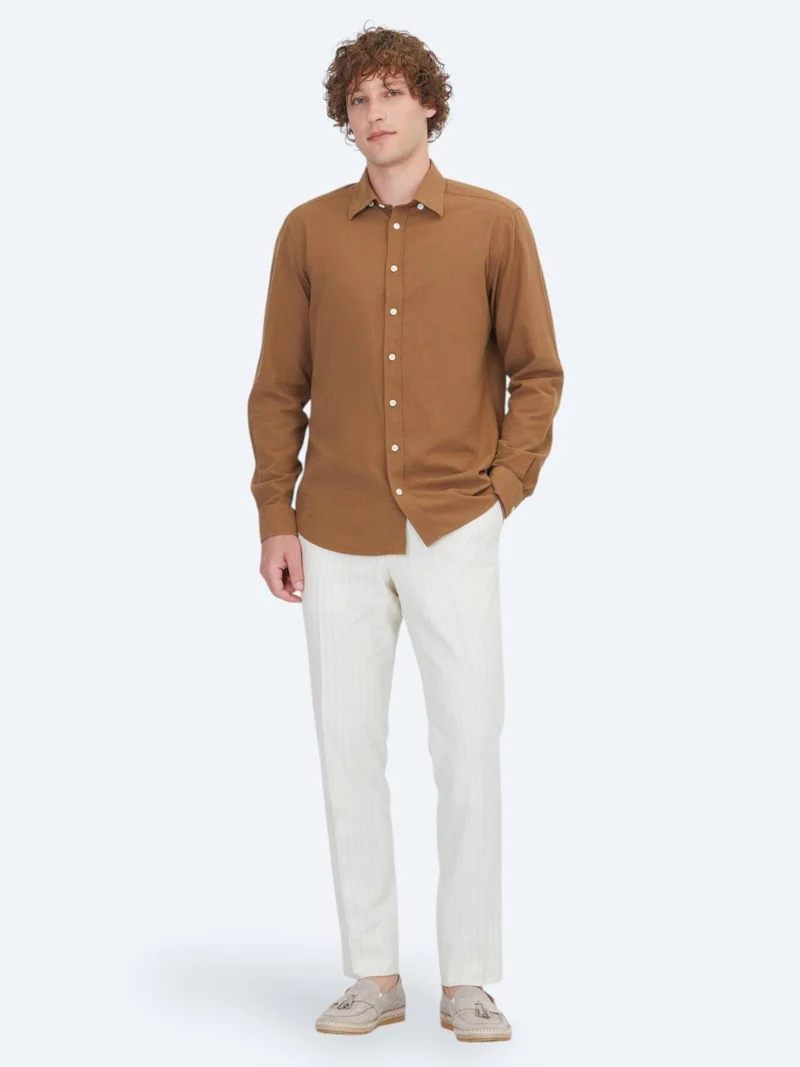 Kip Light Brown Plain Regular Fit Long Weaving Casual 100% Cotton Shirt