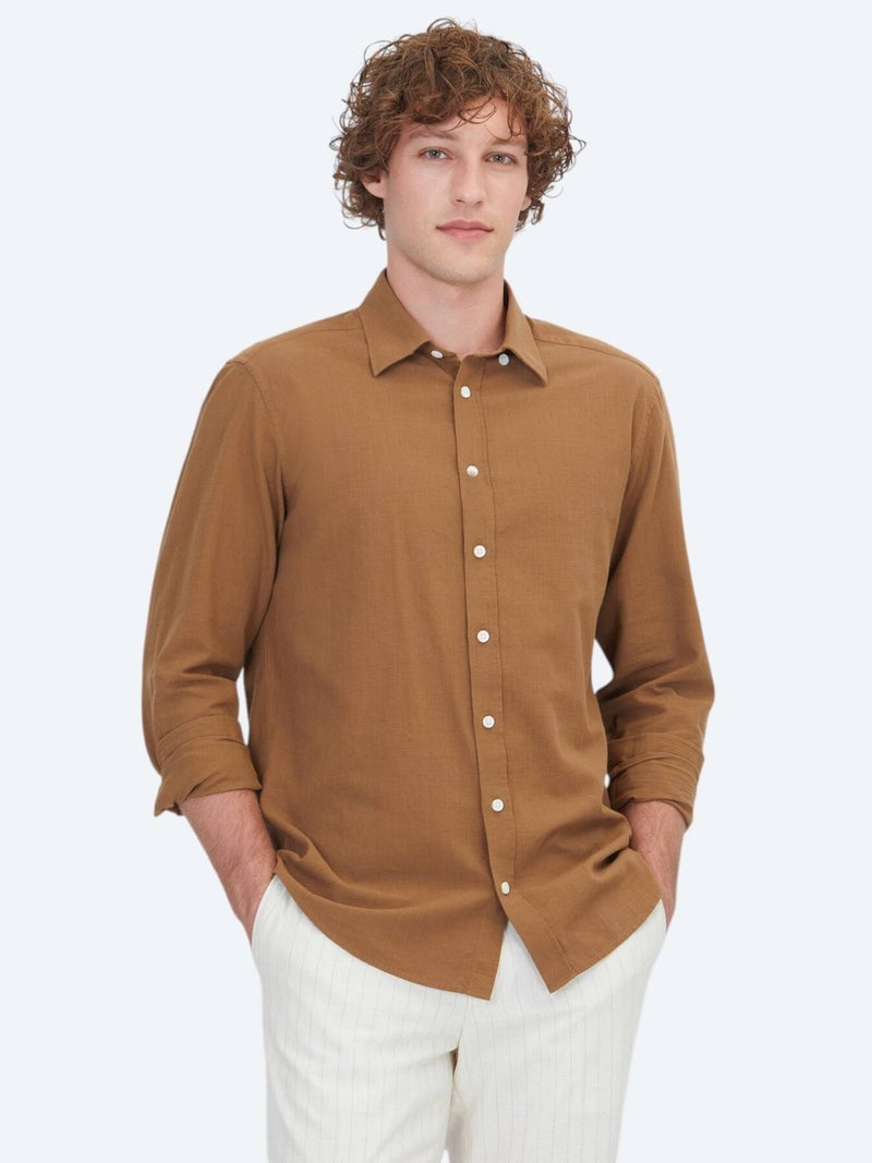 Kip Light Brown Plain Regular Fit Long Weaving Casual 100% Cotton Shirt - Image 1