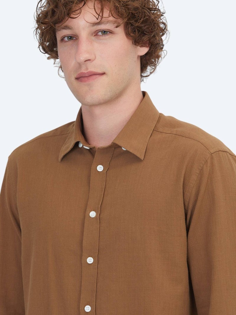 Kip Light Brown Plain Regular Fit Long Weaving Casual 100% Cotton Shirt - Image 4