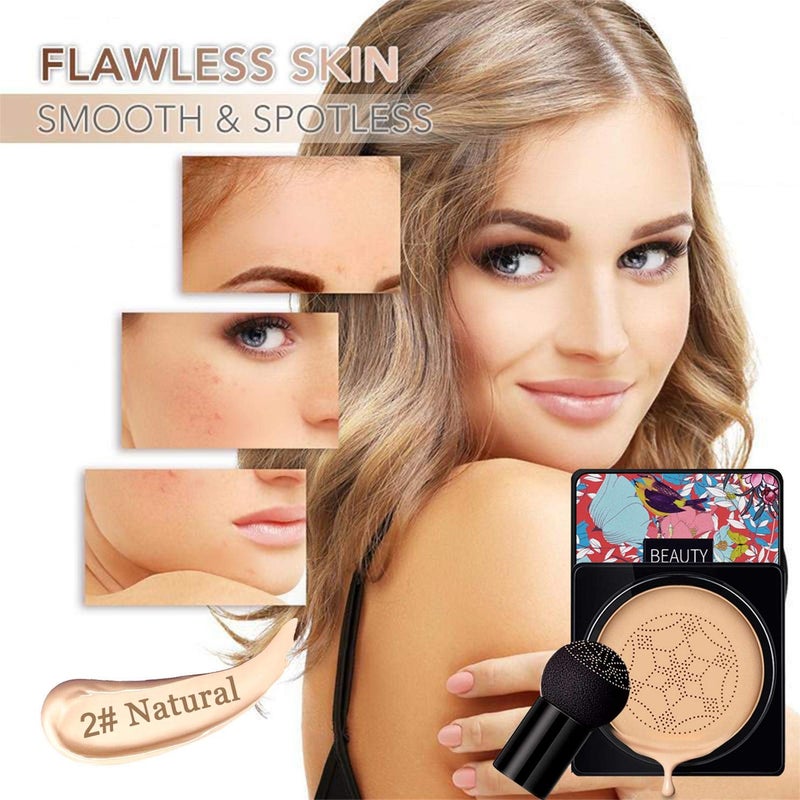 NUIBO Air Cushion CC Cream Mushroom Head, Moisturizing Concealer Makeup Base, Primer Liquid Foundation Long Lasting with Mushroom Makeup Sponges ã€Naturalã€‘ - Image 2
