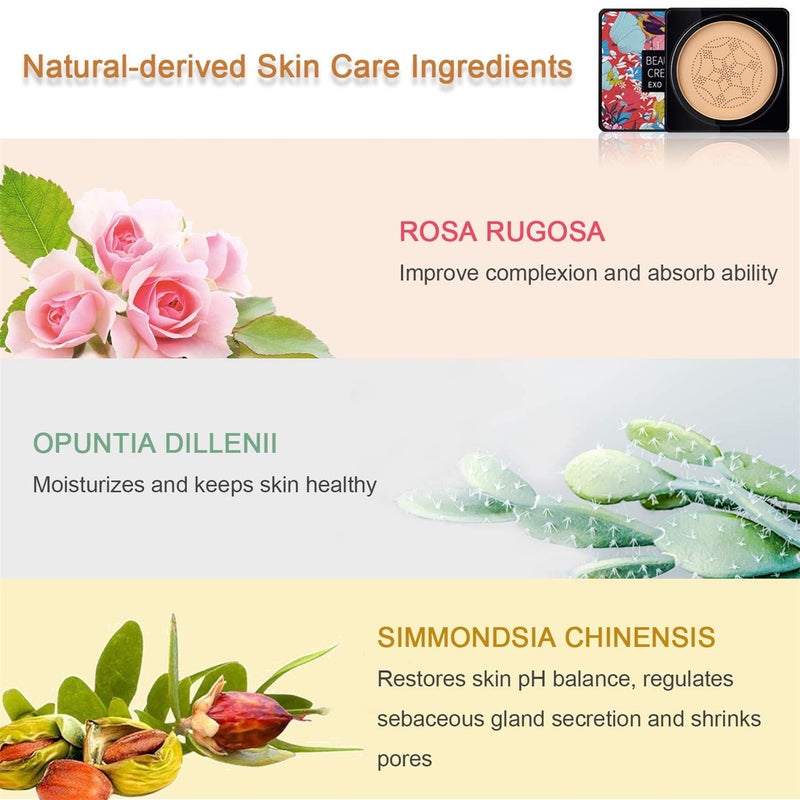 NUIBO Air Cushion CC Cream Mushroom Head, Moisturizing Concealer Makeup Base, Primer Liquid Foundation Long Lasting with Mushroom Makeup Sponges ã€Naturalã€‘ - Image 5