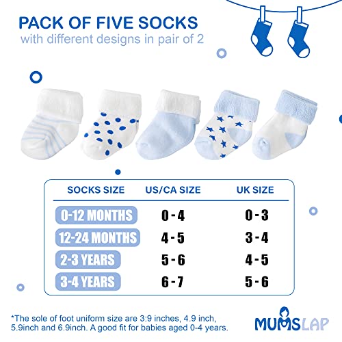 MumsLap Baby Socks for Boys and Girls | Cotton Blend Ankle Length Winter Socks for Newborns Infants Toddlers | Soft Breathable Terry Socks with Sweat Absorption, 5 Pairs (White Blue, 12 to 24 Months) - Image 5