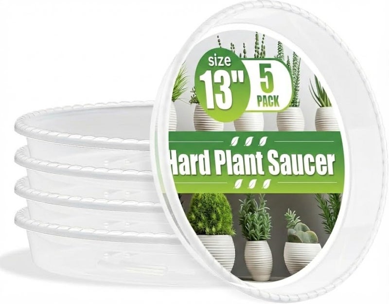 RooTrimmer 13 Inch Plant Saucers,5 Pack Clear Plastic Plant Trays,Heavy Duty Thick Pot Drip Trays for Indoor Outdoor Flower Pots,Transparent Water Catcher for Large Planters - Image 1