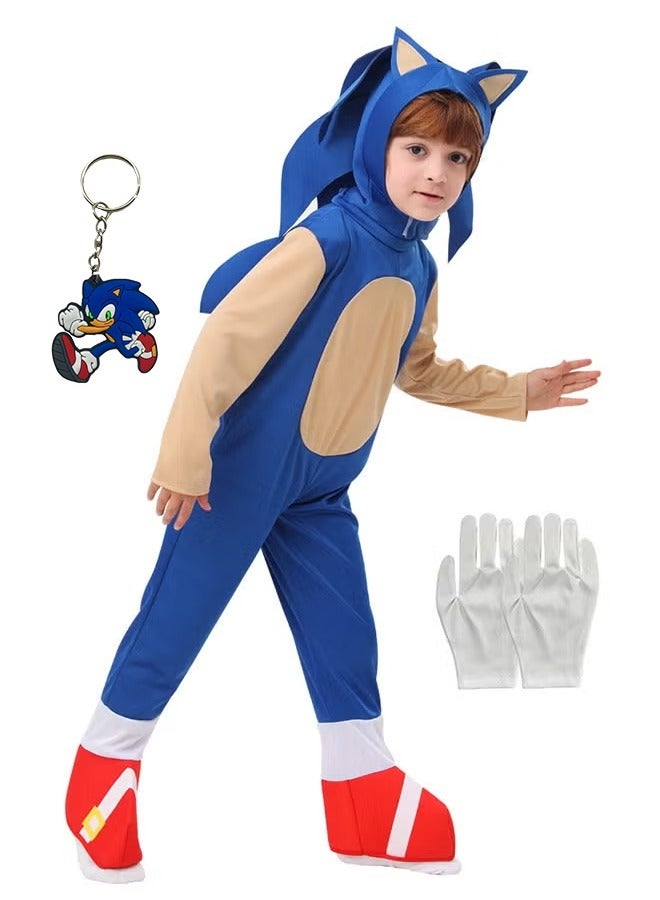 Kids Sonic Jumpsuit with Gloves, Sonic Costume Outfit Set, Fancy Dress Up Outfit, Popular Character Clothing for Children, Ideal Dress Up for Themed Parties  - Image 1