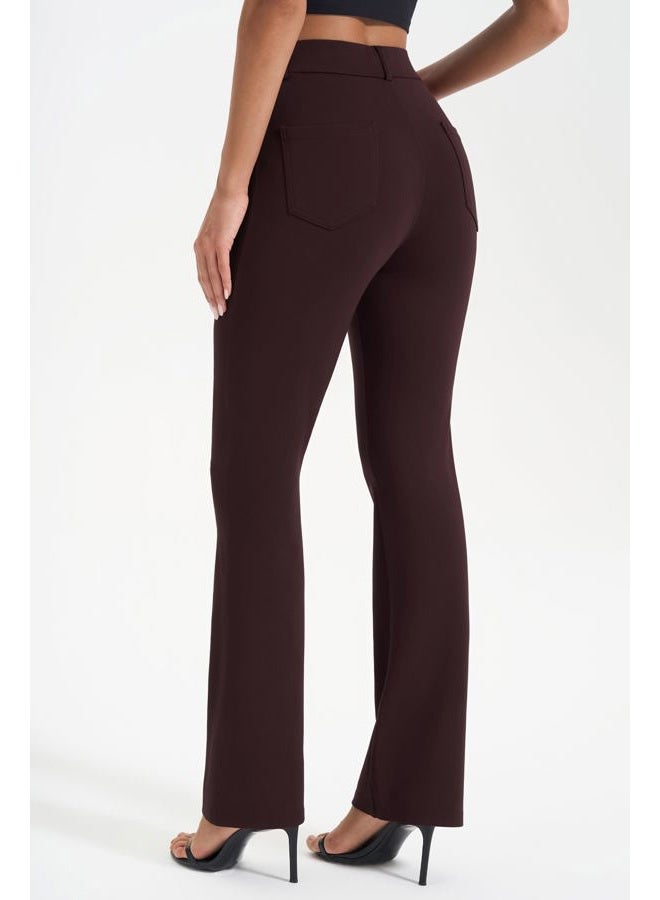 AFITNE Women's Yoga Dress Pants Strechy Straight Leg Work Pants Business Office Casual Slacks with Pockets, Brown, L - Image 3