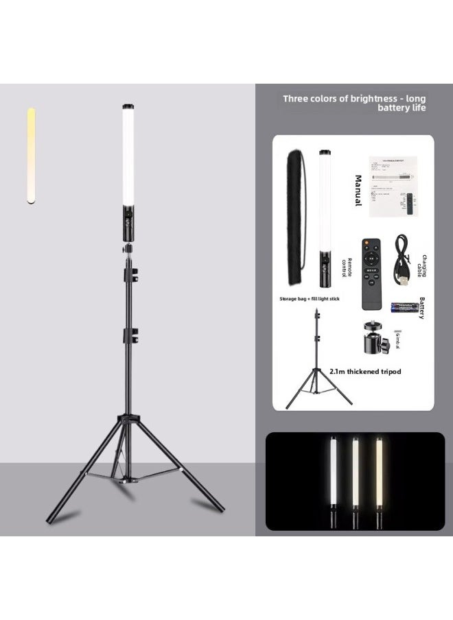 Generic - Mobile Phone Live Handheld Led Fill Light Outdoor Photography Atmosphere Light Double Color Temperature Full Color Rgb Baffle Stick Light-Light Source Color:[type B Handheld Rod Light - Three Colors Of Temperature + No Baffle + Metal Pan/tilt + 2.1m Thickened Bracket] - Image 1