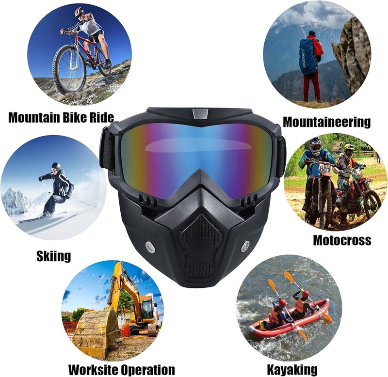 FLIZZOW Motorcycle Goggles with Face Mask, UV Protective, Impact Resistant, Rainbow Visor, Adjustable Elastic Strap - Image 5