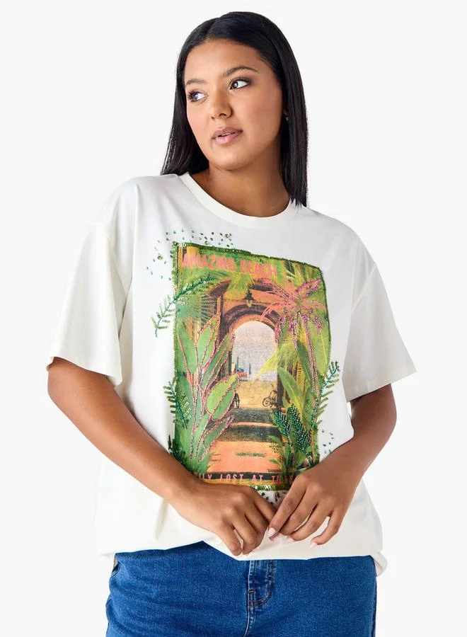  أولا بوبكن Plus Size Ulla Popken Graphic Print T-shirt with Embellishment