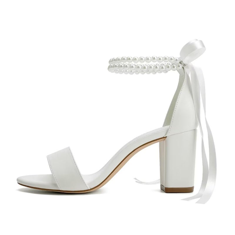 YWXYMGE Block Heel Wedding Shoes for Bride Women Chunky Heeled Sandals Pearl Bridal Shoes-Ivory-7 - Image 3