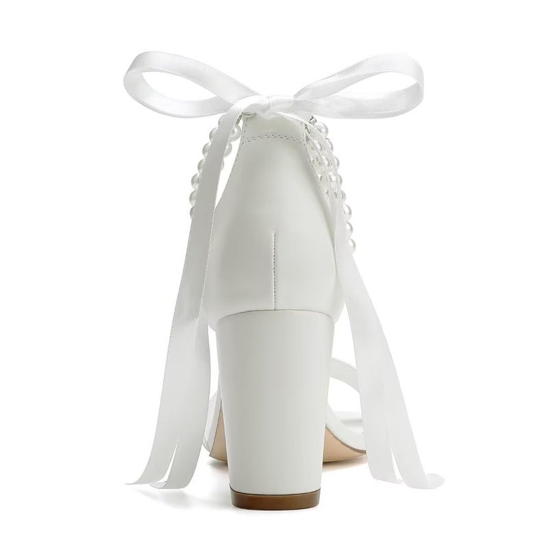 YWXYMGE Block Heel Wedding Shoes for Bride Women Chunky Heeled Sandals Pearl Bridal Shoes-Ivory-7 - Image 5