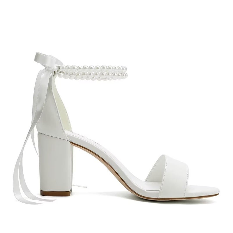 YWXYMGE Block Heel Wedding Shoes for Bride Women Chunky Heeled Sandals Pearl Bridal Shoes-Ivory-7 - Image 4
