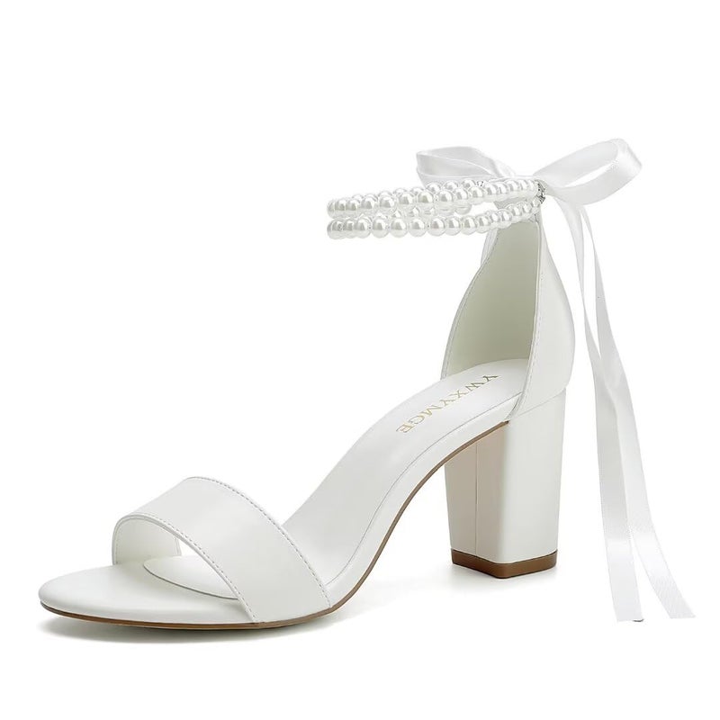 YWXYMGE Block Heel Wedding Shoes for Bride Women Chunky Heeled Sandals Pearl Bridal Shoes-Ivory-7 - Image 1