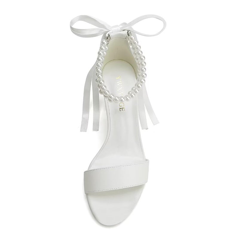 YWXYMGE Block Heel Wedding Shoes for Bride Women Chunky Heeled Sandals Pearl Bridal Shoes-Ivory-7 - Image 2