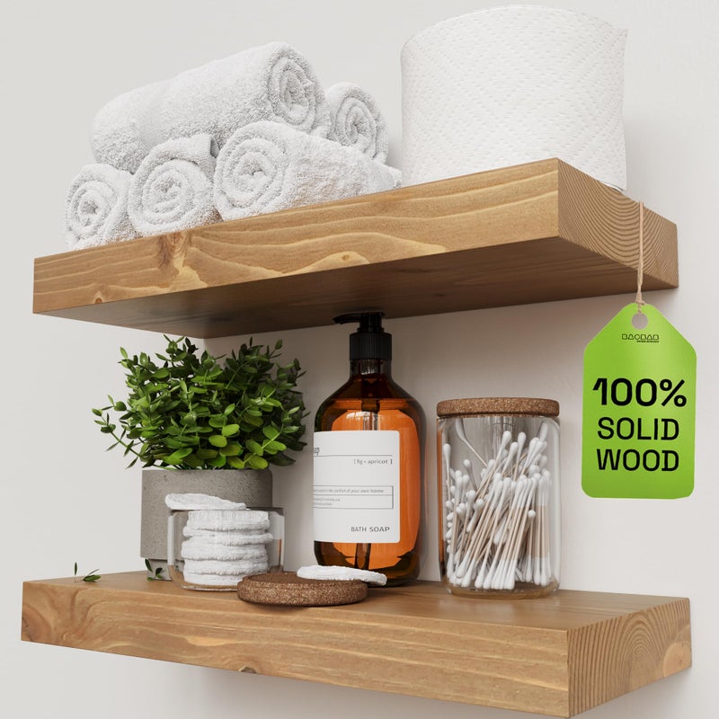 BAOBAB WORKSHOP Natural Wood Floating Shelves for Wall 16 inch - Floating Wall Shelves for Kitchen Bedroom - Wooden Bathroom Shelves - Floating Shelf - Oak Finish, 16W x 6.7D, Set of 2 - Image 1