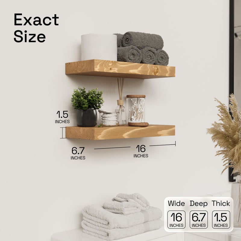BAOBAB WORKSHOP Natural Wood Floating Shelves for Wall 16 inch - Floating Wall Shelves for Kitchen Bedroom - Wooden Bathroom Shelves - Floating Shelf - Oak Finish, 16W x 6.7D, Set of 2 - Image 3
