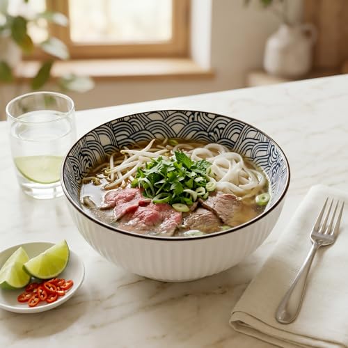 QINLANG Large Soup Bowls, Pho & Ramen Set of 3, 60 oz Blue & White Porcelain - Wave Pattern - Image 3