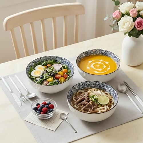 QINLANG Large Soup Bowls, Pho & Ramen Set of 3, 60 oz Blue & White Porcelain - Wave Pattern - Image 5