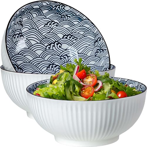 QINLANG Large Soup Bowls, Pho & Ramen Set of 3, 60 oz Blue & White Porcelain - Wave Pattern - Image 1