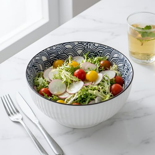QINLANG Large Soup Bowls, Pho & Ramen Set of 3, 60 oz Blue & White Porcelain - Wave Pattern - Image 4