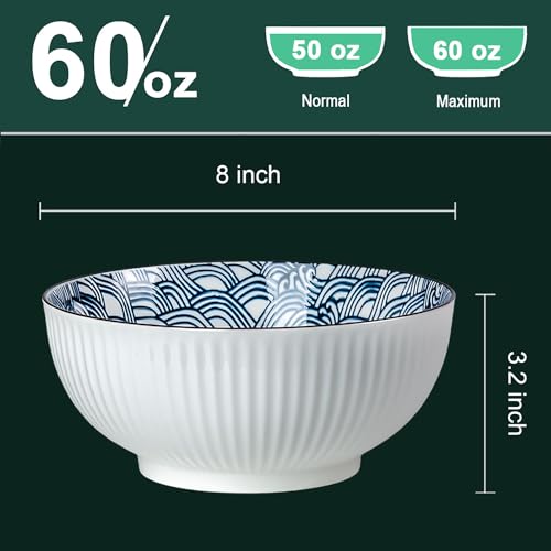QINLANG Large Soup Bowls, Pho & Ramen Set of 3, 60 oz Blue & White Porcelain - Wave Pattern - Image 2