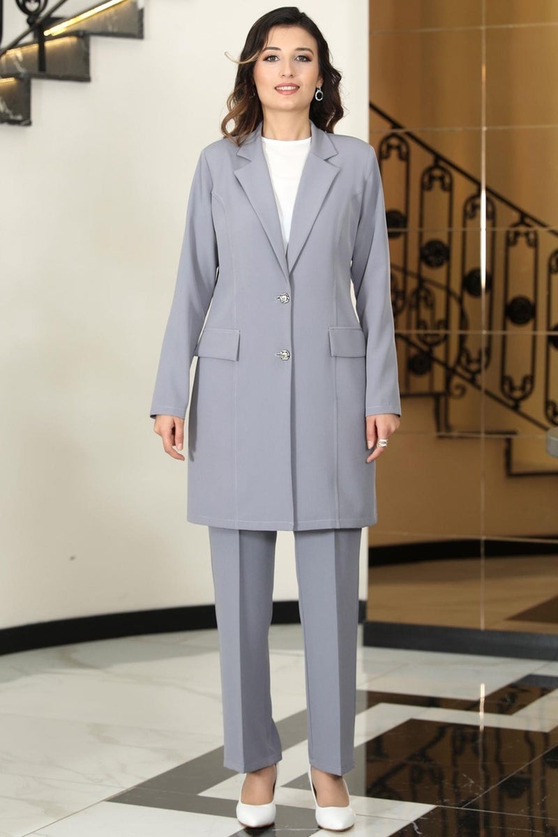 Esilanur Parla Long Jacket Trousers Two Piece Hijab Suit Gray - Image 1