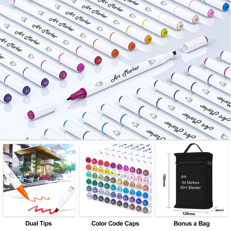 Lelix 61 Colors Alcohol Art Markers, 60 Colors Plus 1 Blender Dual Tip Permanent Marker Pens Highlighters Perfect for Kids Adults Artist Drawing Sketching Card Making & Coloring Books - Image 2