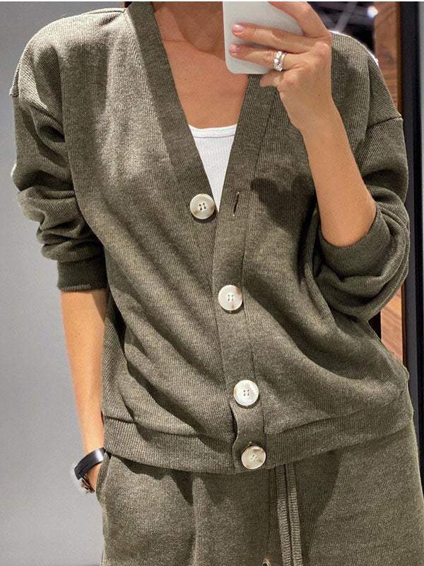 Cross-border New Autumn Fashion Knitted Cotton Womens Sports Jacket suit Simple Pants Pocket Elegant suit Brown - Image 2