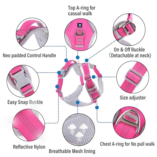 HANK Dog Harness | 4 Adjustable Buckles | Strong Metal Hook | 3M Reflective Strap | Soft Handle | Dog Chest Belt for Large Dogs (Pink - Grey - XL (35-65Kg) - Image 2