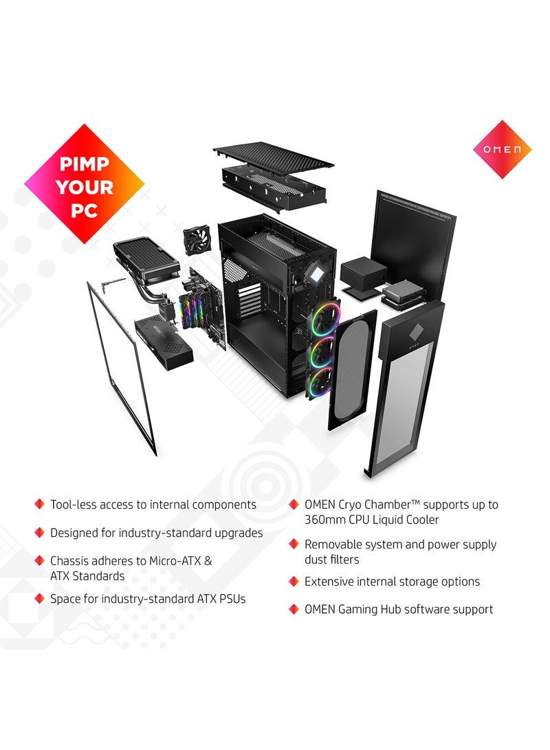 HP كمبيوتر ألعاب OMEN 45L GT22-3000t بمعالج Intel Core Ultra 9 285K/ذاكرة RAM 64GB/قرص SSD سعة 4TB/بطاقة NVIDIA GeForce RTX 5070 بسعة 12GB/زجاج أمامي مع مبرد سائل RGB/Windows 11 Pro/لوحة مفاتيح وفأرة + Office 2024 مدى الحياة باللون الأسود - Image 4