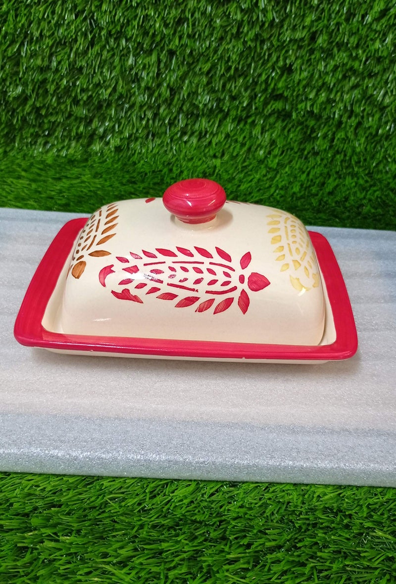 Caffeine Ceramic Handmade Red Boota Butter Tray with lid 6" (Set of 1) - Image 1