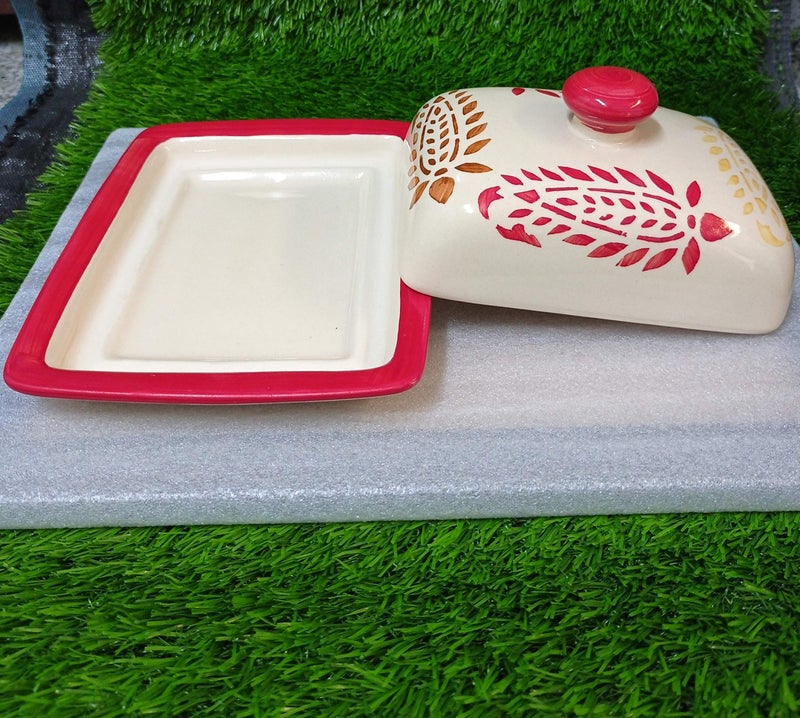 Caffeine Ceramic Handmade Red Boota Butter Tray with lid 6" (Set of 1) - Image 2