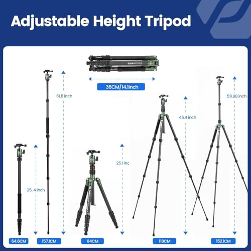 Fotopro 60inch Carbon Fiber Tripod Compact Camera Tripod with Ball Head Quick Release Plate Detachable Monopod Load up to 17.63lbs X-go E 2 Carbon Fiber Green - Image 3