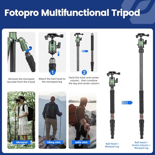 Fotopro 60inch Carbon Fiber Tripod Compact Camera Tripod with Ball Head Quick Release Plate Detachable Monopod Load up to 17.63lbs X-go E 2 Carbon Fiber Green - Image 4