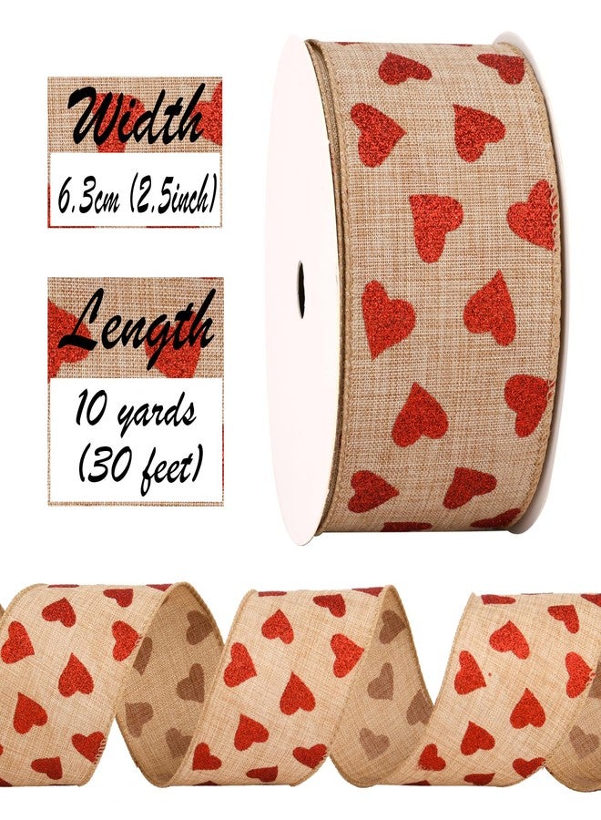 BUVANE 2.5'' x 10 Yard Valentine's Day Wired Edge Ribbon, Burlap Printed Red Heart Ribbons Gift Wrapping Ribbon for DIY Craft Wedding Party Wreath Bows Decoration (Burlap) - Image 2