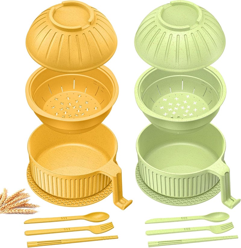 Beiyunee Ramen Bowl with Handles, 2 Set Wheat Fiber Ramen Cooker Microwave with Strainer, 34oz Noodle Bowl with Pot Mat Spoon Chopsticks Fork for Home, School, Office, Dorm, Picnic or Gift - Image 1