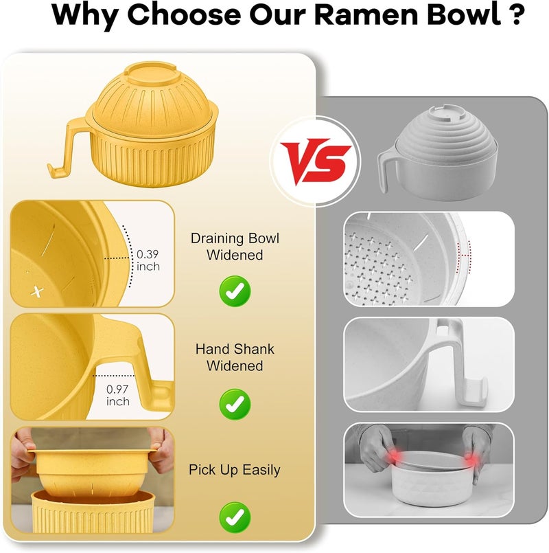 Beiyunee Ramen Bowl with Handles, 2 Set Wheat Fiber Ramen Cooker Microwave with Strainer, 34oz Noodle Bowl with Pot Mat Spoon Chopsticks Fork for Home, School, Office, Dorm, Picnic or Gift - Image 5