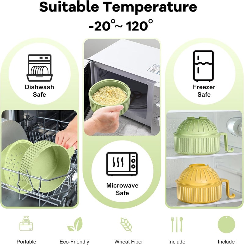 Beiyunee Ramen Bowl with Handles, 2 Set Wheat Fiber Ramen Cooker Microwave with Strainer, 34oz Noodle Bowl with Pot Mat Spoon Chopsticks Fork for Home, School, Office, Dorm, Picnic or Gift - Image 4