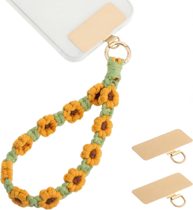 Bememo Sunflower Phone Wrist Strap Boho Macrame Wristlet Cute Cell Phone Lanyard with 2 Gold Tether Tabs Spacers Handmade Gifts for Women - Image 1