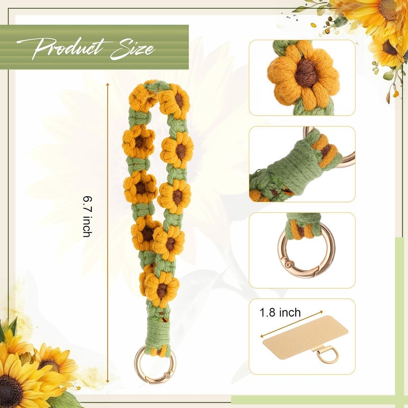 Bememo Sunflower Phone Wrist Strap Boho Macrame Wristlet Cute Cell Phone Lanyard with 2 Gold Tether Tabs Spacers Handmade Gifts for Women - Image 2