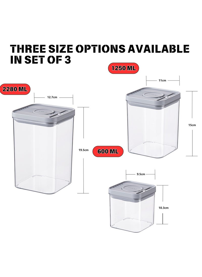 SPARK IT HOME - Food Storage Containers One Button Press Opening Pop Design Airtight Leak Proof Stackable Easy Lock Set of 3 Transparent With Grey Lid For Dry and Wet Ingredients (1250 ml) - Image 1