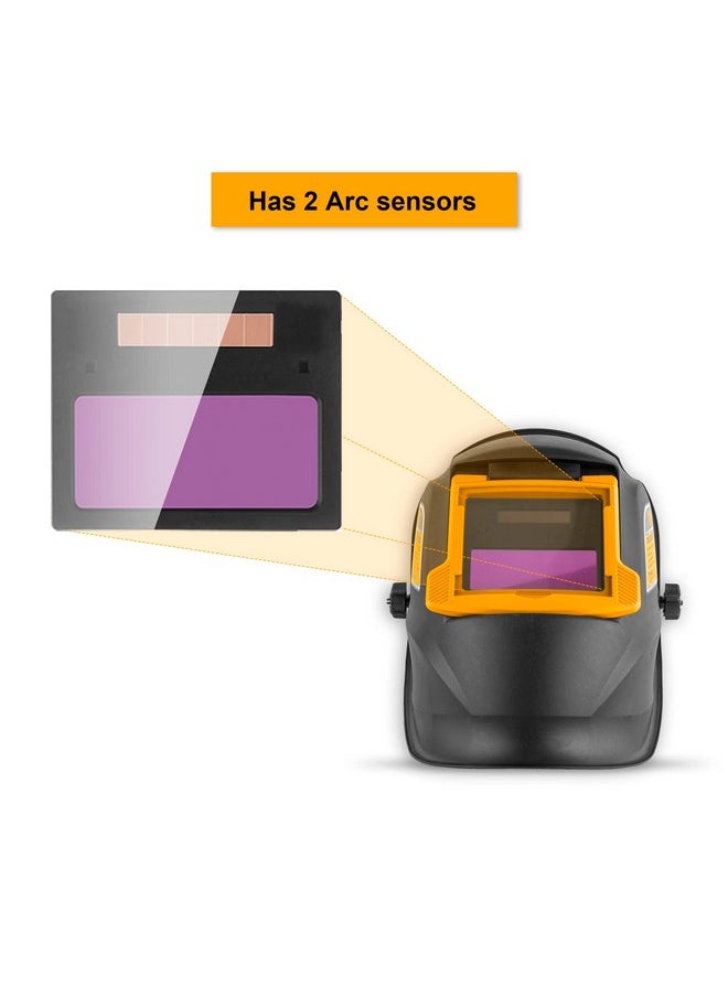 INGCO Auto Darkening Welding Helmet, Solar Powered Welding Mask, 90×35mm | 2 Arc Sensor | 1/5000s Switching time | DIN 16 UV/IR Protection Welding Hood for Welding, Grinding, Cutting and so on