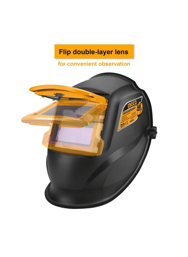 INGCO Auto Darkening Welding Helmet, Solar Powered Welding Mask, 90×35mm | 2 Arc Sensor | 1/5000s Switching time | DIN 16 UV/IR Protection Welding Hood for Welding, Grinding, Cutting and so on