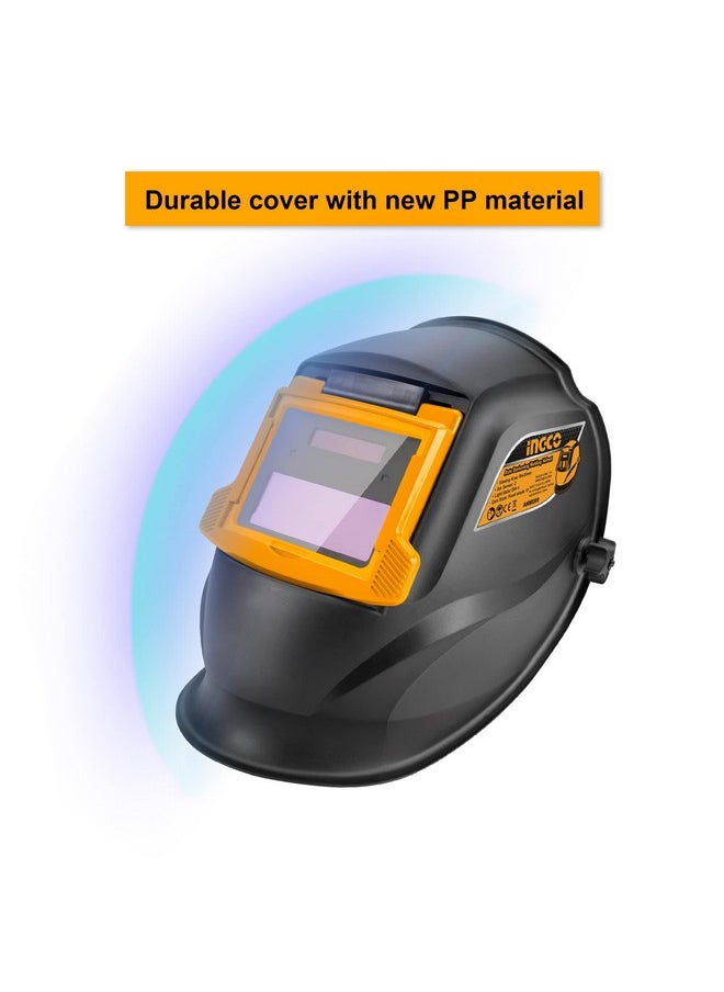 INGCO Auto Darkening Welding Helmet, Solar Powered Welding Mask, 90×35mm | 2 Arc Sensor | 1/5000s Switching time | DIN 16 UV/IR Protection Welding Hood for Welding, Grinding, Cutting and so on