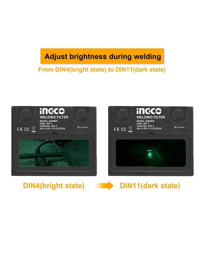 INGCO Auto Darkening Welding Helmet, Solar Powered Welding Mask, 90×35mm | 2 Arc Sensor | 1/5000s Switching time | DIN 16 UV/IR Protection Welding Hood for Welding, Grinding, Cutting and so on