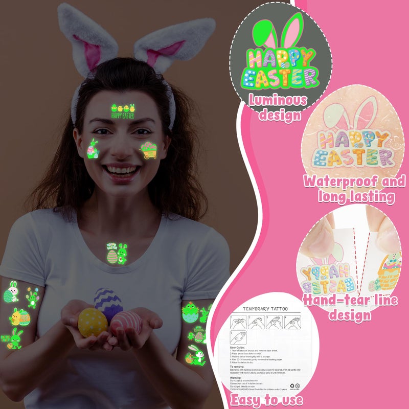 Huskein 150 PCS Luminous Easter Tattoos, 25 Styles Glow Easter Stickers for Easter Basket Stuffers, Waterproof Easter Temporary Tattoos with Bunny Egg Chick for Easter Basket Filler Party Favors - Image 3