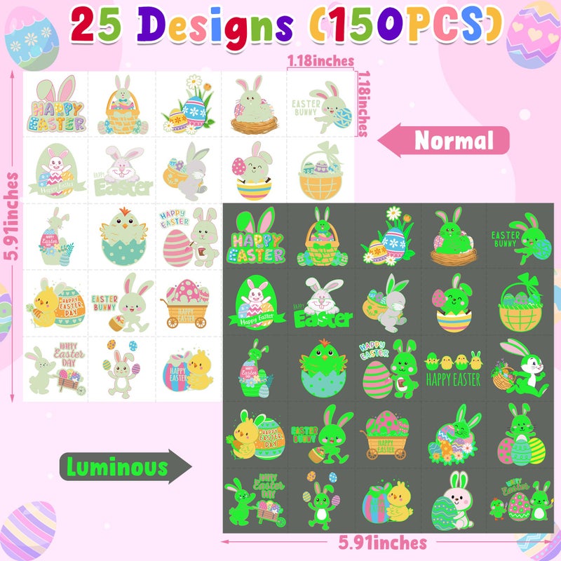 Huskein 150 PCS Luminous Easter Tattoos, 25 Styles Glow Easter Stickers for Easter Basket Stuffers, Waterproof Easter Temporary Tattoos with Bunny Egg Chick for Easter Basket Filler Party Favors - Image 2