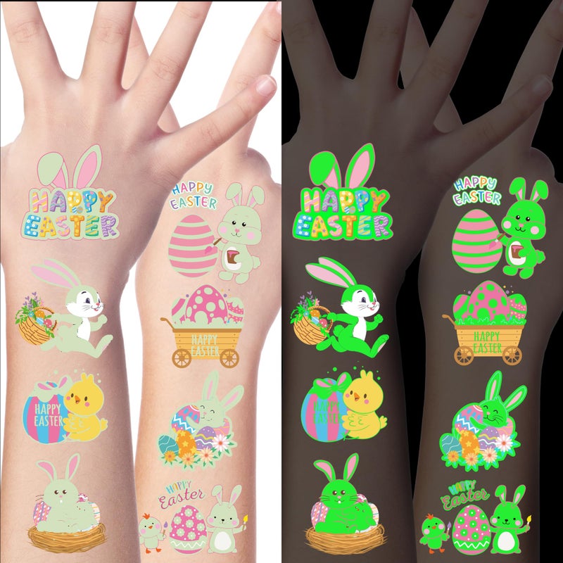 Huskein 150 PCS Luminous Easter Tattoos, 25 Styles Glow Easter Stickers for Easter Basket Stuffers, Waterproof Easter Temporary Tattoos with Bunny Egg Chick for Easter Basket Filler Party Favors - Image 1