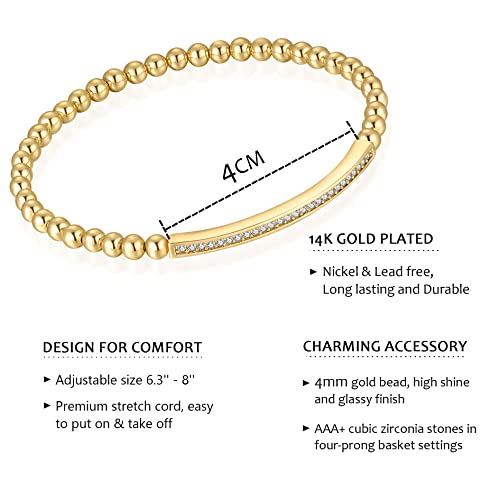 NUZON Gold Beaded Stretch Bracelets for Women 18K Gold Plated 4mm Round Ball Cubic Zirconia Curved Bar Elastic Bracelet Handmade Minimalist Jewelry - Image 4