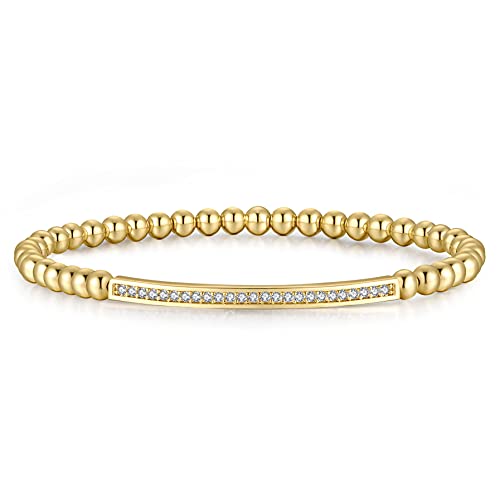 NUZON Gold Beaded Stretch Bracelets for Women 18K Gold Plated 4mm Round Ball Cubic Zirconia Curved Bar Elastic Bracelet Handmade Minimalist Jewelry - Image 1