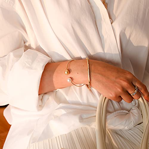 NUZON Gold Beaded Stretch Bracelets for Women 18K Gold Plated 4mm Round Ball Cubic Zirconia Curved Bar Elastic Bracelet Handmade Minimalist Jewelry - Image 5